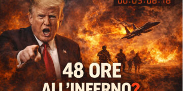 Campo di battaglia infuocato. Donald Trump minaccioso in primo piano
