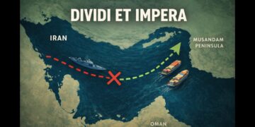 Disegno dello Stretto di Hormuz con alcune navi portacontainer