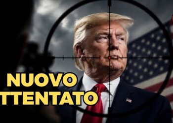 Donald Trump inquadrato da un mirino con bandiera USA alle spalle