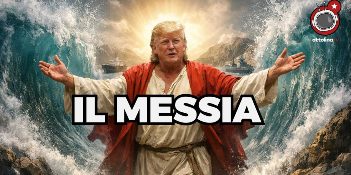 Donald Trump vestito da Messia separa le acque dello Stretto di Hormuz