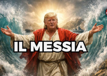 Donald Trump vestito da Messia separa le acque dello Stretto di Hormuz