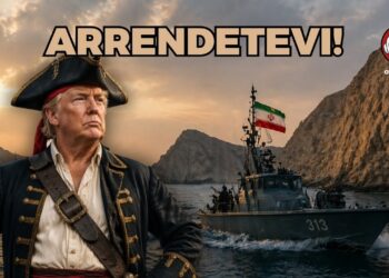 Donald Trump vestito da pirata con una nave iraniana alle spalle