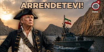 Donald Trump vestito da pirata con una nave iraniana alle spalle