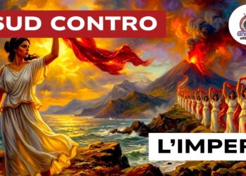 Donne del Sud in abiti antichi con drappi rossi che diventano lava di un vulcano
