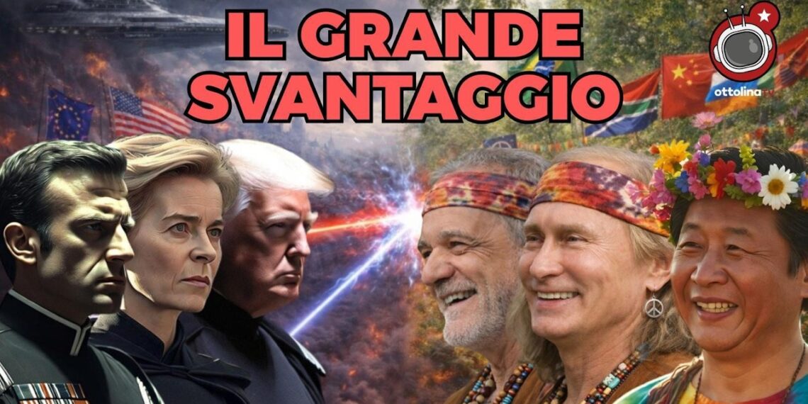 Emmanuel Macron, Ursula von der Leyen e Donald Trump vestiti da militari a sinistra. Masoud Pezeshkian, Vladimir Putin e Xi Jinping vestiti da figli dei fiori a destra