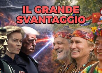 Emmanuel Macron, Ursula von der Leyen e Donald Trump vestiti da militari a sinistra. Masoud Pezeshkian, Vladimir Putin e Xi Jinping vestiti da figli dei fiori a destra