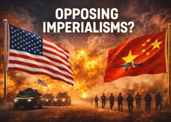 Esercito USA a sinistra e Esercito cinese a destra. Esplosioni sullo sfondo