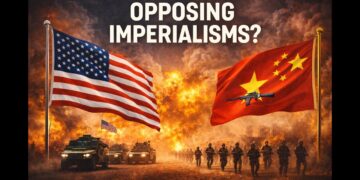 Esercito USA a sinistra e Esercito cinese a destra. Esplosioni sullo sfondo