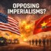 Esercito USA a sinistra e Esercito cinese a destra. Esplosioni sullo sfondo