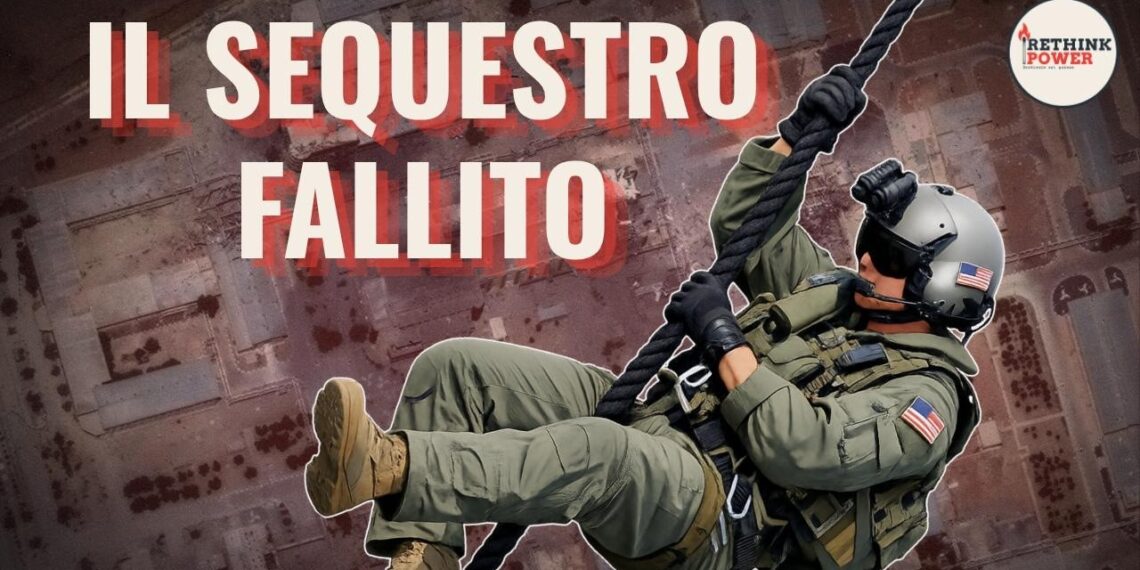 Immagine satellitare di un complesso militare. Soldato USA aggrappato a una fune in primo piano