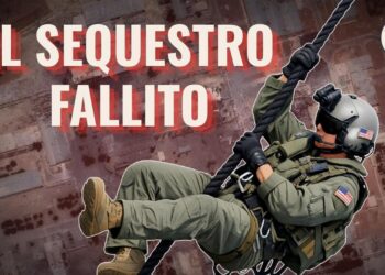Immagine satellitare di un complesso militare. Soldato USA aggrappato a una fune in primo piano