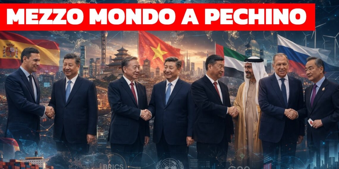 Leader cinesi stringono la mano a leader spagnolo, vietnamita, emiratino e russo