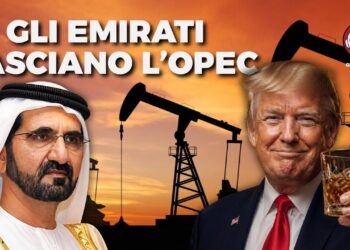 Leader emiratino e Donald Trump con un bicchiere di superalcolico in mano in primo piano. Pozzi di petrolio sullo sfondo