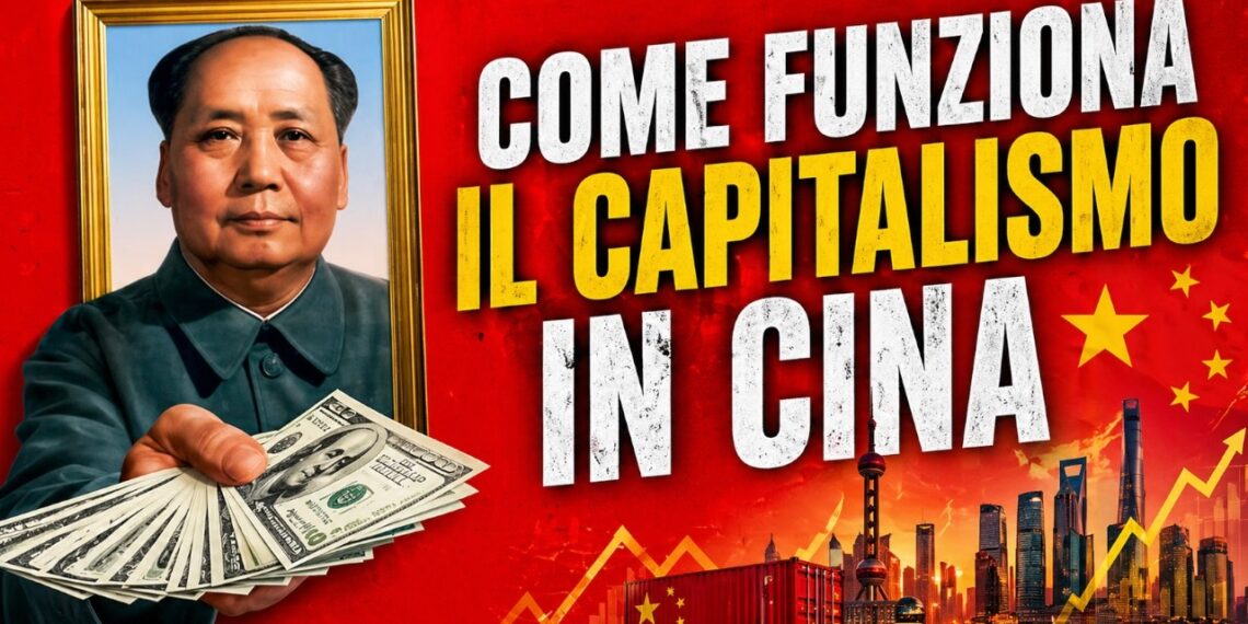 Mao Tse Tung con una mazzetta di dollari in mano a sinistra, A destra uno skyline cinese
