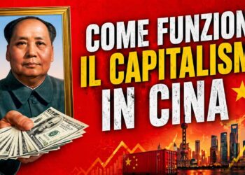 Mao Tse Tung con una mazzetta di dollari in mano a sinistra, A destra uno skyline cinese