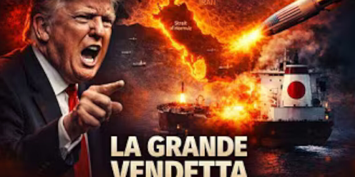 Nave giapponese colpita da un missile a stelle e strisce. Donald Trump furente in primo piano