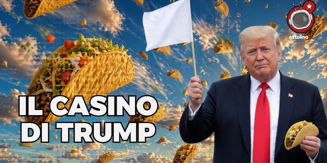 Numerosi tacos cadono dal cielo. Sulla destra, Donald Trump con la bandiera bianca in una mano e un taco nell'altra