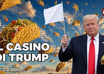 Numerosi tacos cadono dal cielo. Sulla destra, Donald Trump con la bandiera bianca in una mano e un taco nell'altra