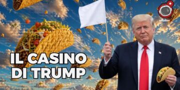 Numerosi tacos cadono dal cielo. Sulla destra, Donald Trump con la bandiera bianca in una mano e un taco nell'altra