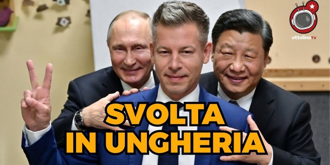 Péter Magyar con Vladimir Putin e Xi Jinping alle spalle