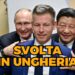 Péter Magyar con Vladimir Putin e Xi Jinping alle spalle