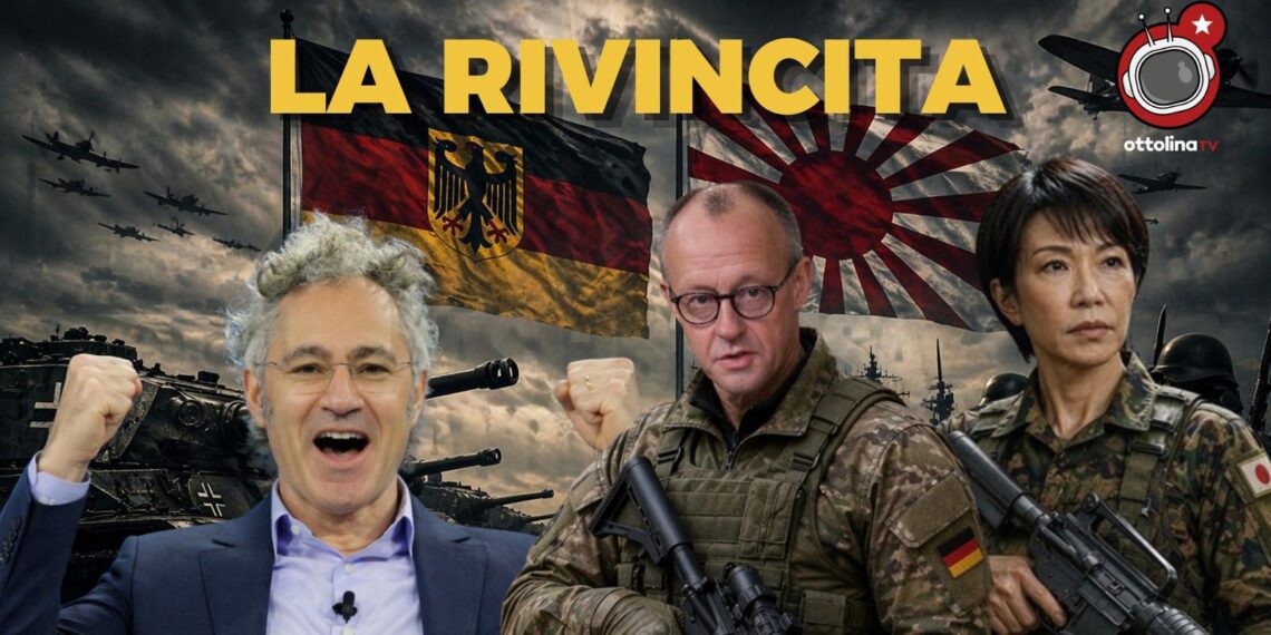 Scenario di guerra con le bandiere dell'impero tedesco e del Giappone, con Friedrich Merz e Takaichi Sanae vestiti da militari