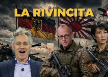 Scenario di guerra con le bandiere dell'impero tedesco e del Giappone, con Friedrich Merz e Takaichi Sanae vestiti da militari