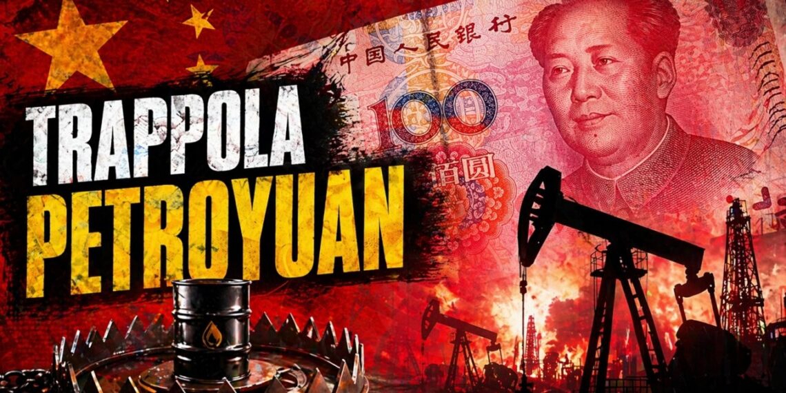 Simboli petroliferi e una banconota da 100 yuan