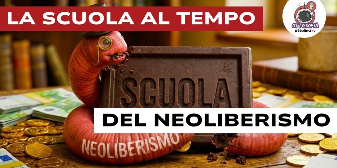 Un verme neoliberista mangia una tavoletta di cioccolato con impressa la scritta scuola