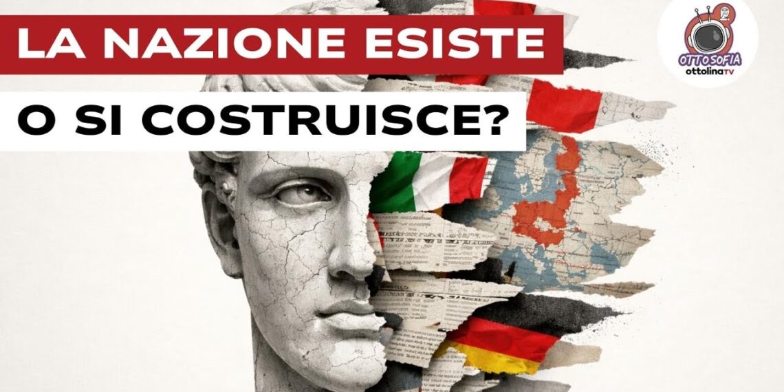 Volto statuario coperto per metà da bandiere di vari Stati