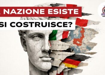 Volto statuario coperto per metà da bandiere di vari Stati