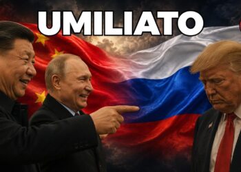 Bandiere cinese e russa sullo sfondo. Xi Jinping e Vladimir Putin scherniscono Donald Trump in primo piano