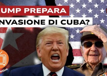 Bandiere di Cuba e USA sulla sfondo. Donald Trump e Raul Castro in primo piano