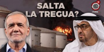 Cisterne petrolifere in fiamme. Masoud Pezeshkian e Mohamed bin Zayed Al Nahyan in primo piano