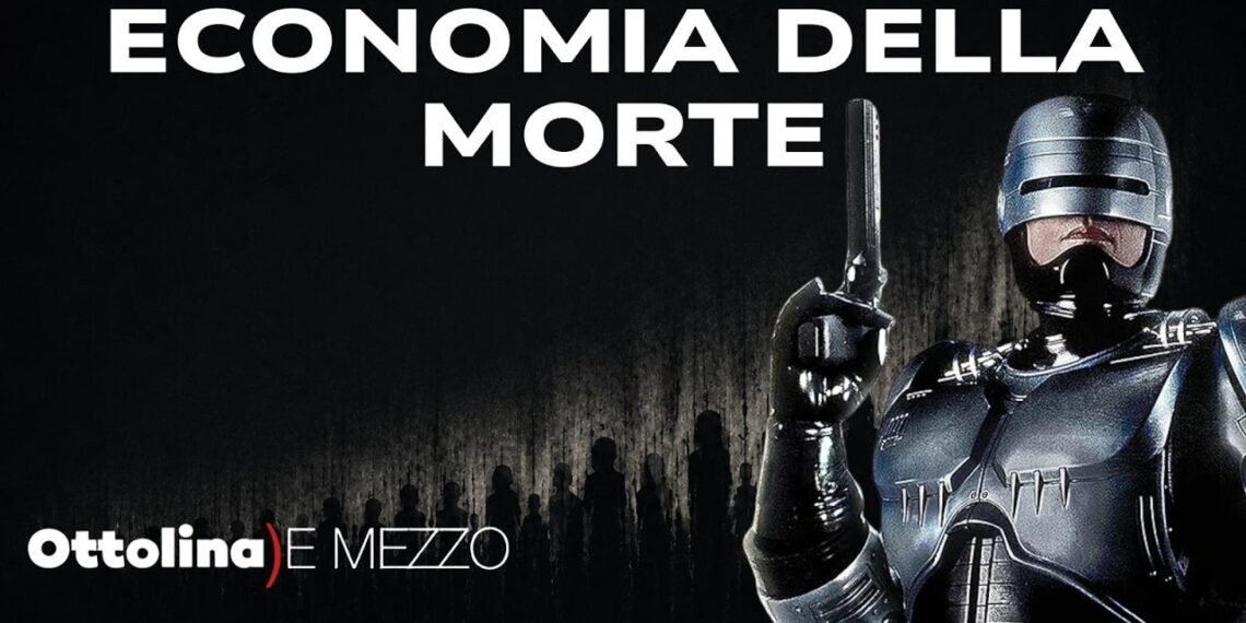 Cyborg con un'arma in pugno su sfondo nero