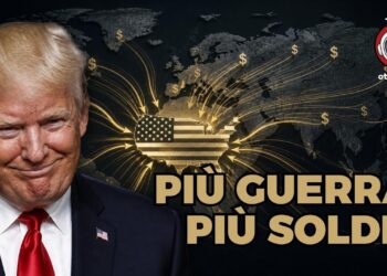 Mappa degli USA da cui si sprigionano simboli dorati del dollaro. Donald Trump soddisfatto in primo piano