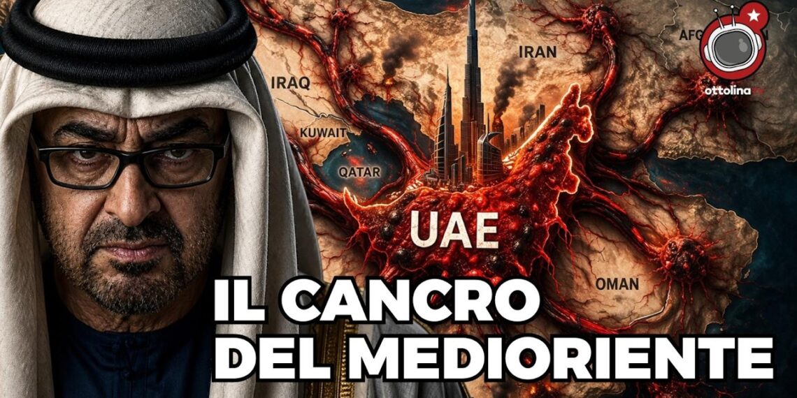 Mappa del Medio Oriente con gli Emirati a forma di cancro. Mohamed Bin Zayed in primo piano