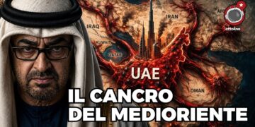 Mappa del Medio Oriente con gli Emirati a forma di cancro. Mohamed Bin Zayed in primo piano