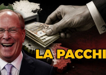 Sagoma dell'Italia trasformata in bancomat. Larry Fink in primo piano