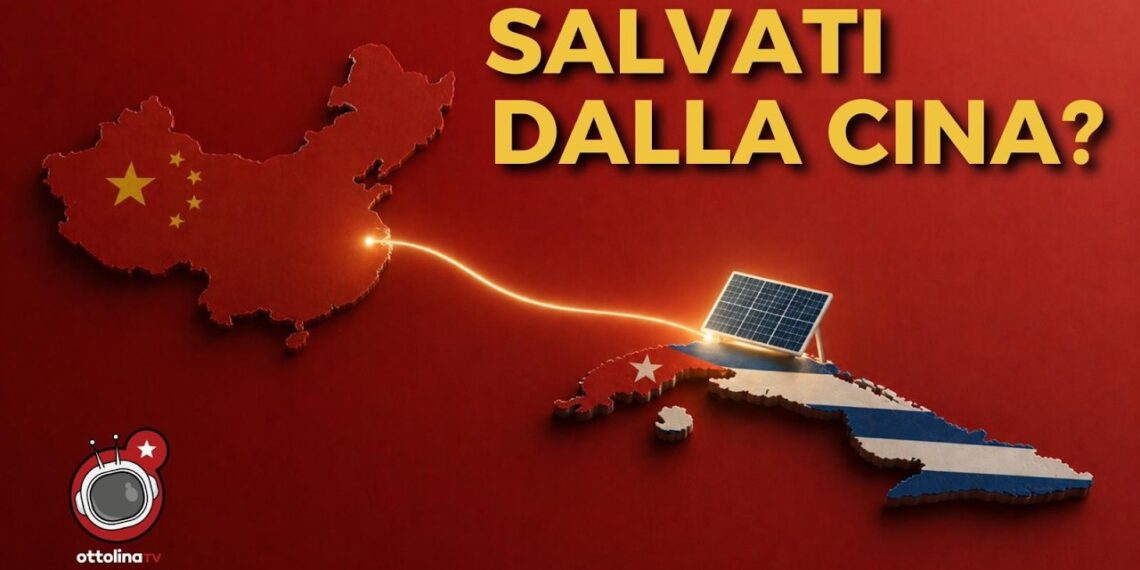 Sagoma della Cina manda un raggio di luce verso la sagoma di Cuba con pannelli fotovoltaici
