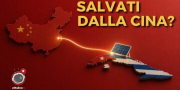 Sagoma della Cina manda un raggio di luce verso la sagoma di Cuba con pannelli fotovoltaici
