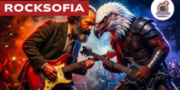 Un chitarrista con la barba e uno con la faccia di aquila si fronteggiano