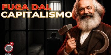 Uomo di spalle in una prigione. Karl Marx con in mano falce e martello in primo piano