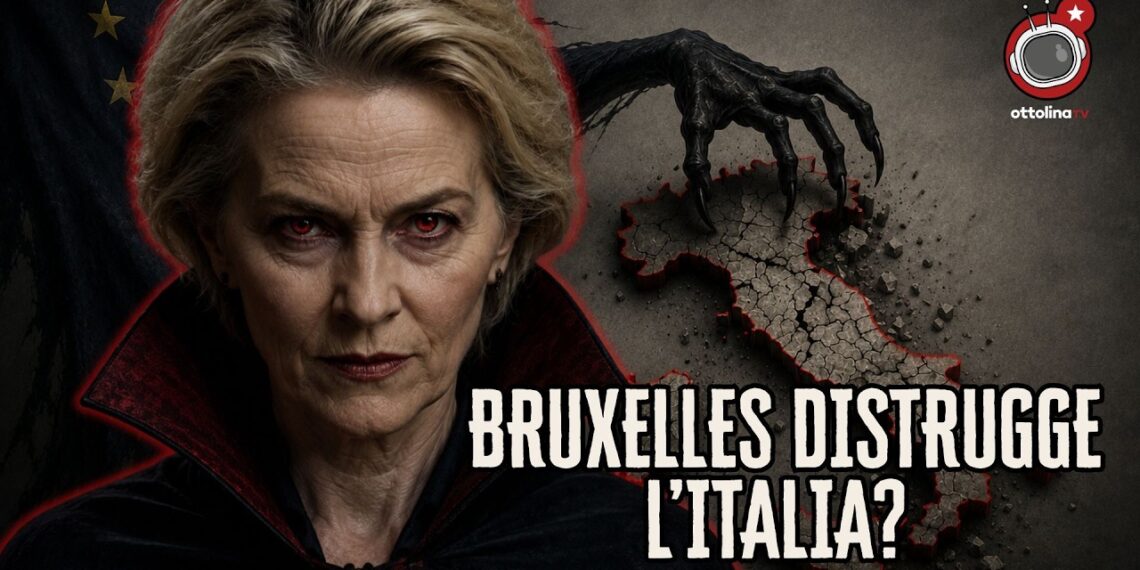 Ursula von der Leyen vestitda da vampiro. Una mano nera con artigli ghermisce l'Italia