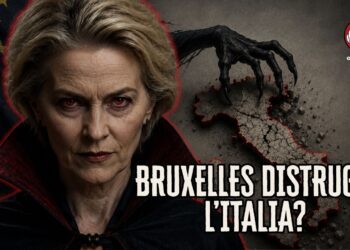 Ursula von der Leyen vestitda da vampiro. Una mano nera con artigli ghermisce l'Italia