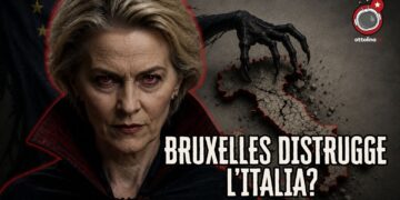 Ursula von der Leyen vestitda da vampiro. Una mano nera con artigli ghermisce l'Italia