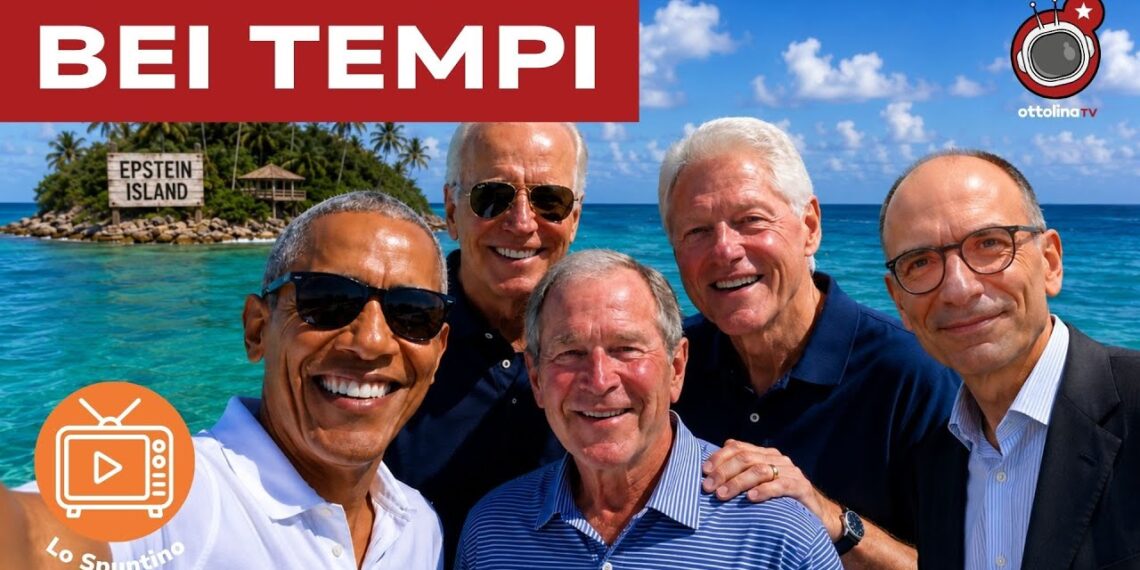 Barak Obama, Joe Biden, George W. Bush, Bill Clinton e Enrico Letta. Alle spalle l'isola di Epstein
