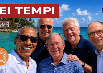 Barak Obama, Joe Biden, George W. Bush, Bill Clinton e Enrico Letta. Alle spalle l'isola di Epstein