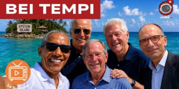 Barak Obama, Joe Biden, George W. Bush, Bill Clinton e Enrico Letta. Alle spalle l'isola di Epstein