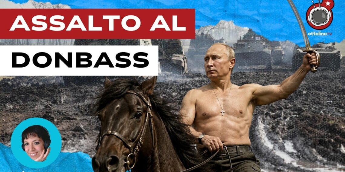 Campo di battaglia con carri armati. Vladimir Putin a cavallo con spada sguainata